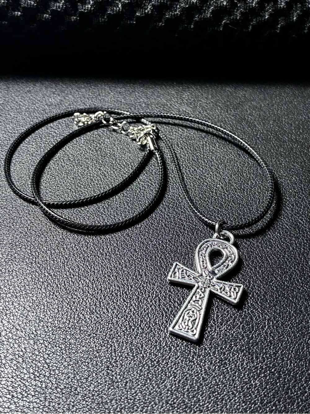 Silver Ankh Pendant Necklace on Black Cord